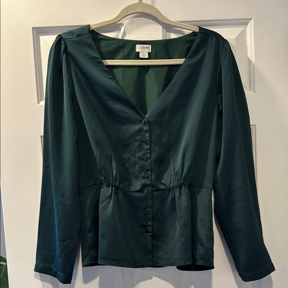 J Crew Green Satin Button-Up Blouse